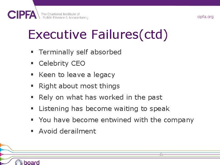 cipfa. org Executive Failures(ctd) § Terminally self absorbed § Celebrity CEO § Keen to
