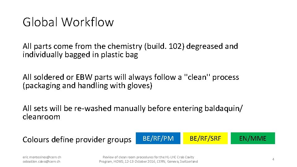 Global Workflow All parts come from the chemistry (build. 102) degreased and individually bagged
