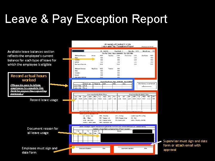 Leave & Pay Exception Report Available leave balances section reflects the employee’s current balance