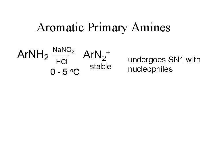 Aromatic Primary Amines Ar. N 2+ 0 - 5 o. C stable undergoes SN