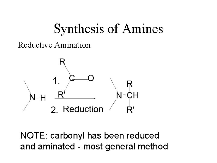 Synthesis of Amines Reductive Amination NOTE: carbonyl has been reduced and aminated - most
