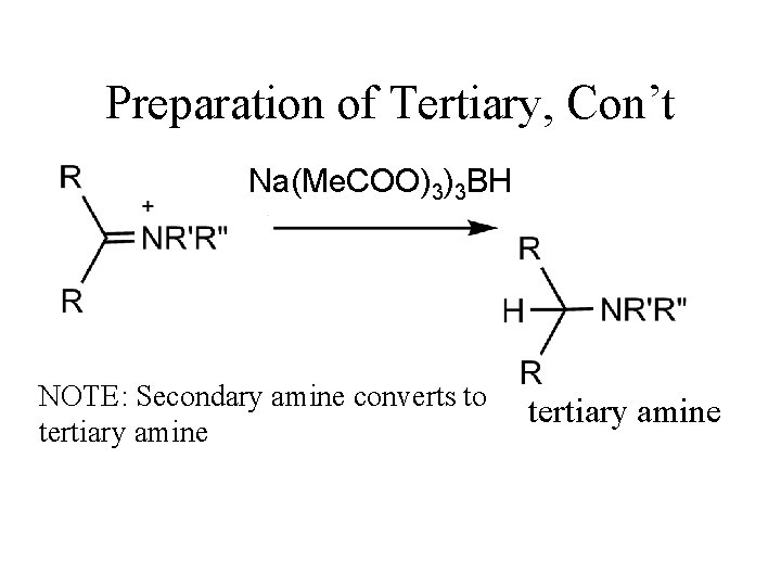 Preparation of Tertiary, Con’t Na(Me. COO)3)3 BH NOTE: Secondary amine converts to tertiary amine