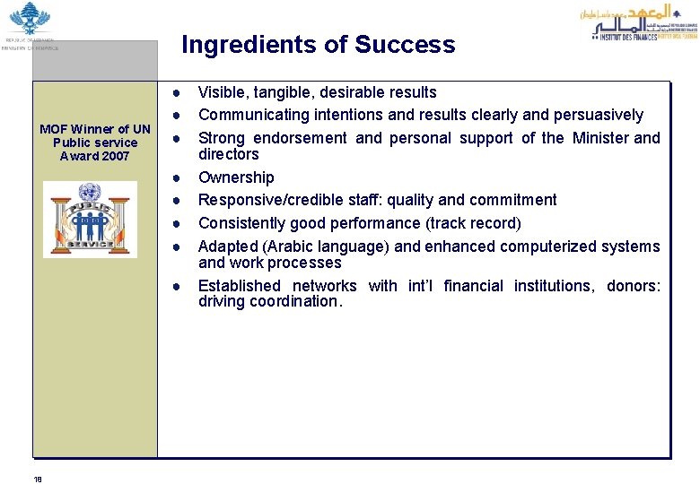 Ingredients of Success MOF Winner of UN Public service Award 2007 18 ● Visible,