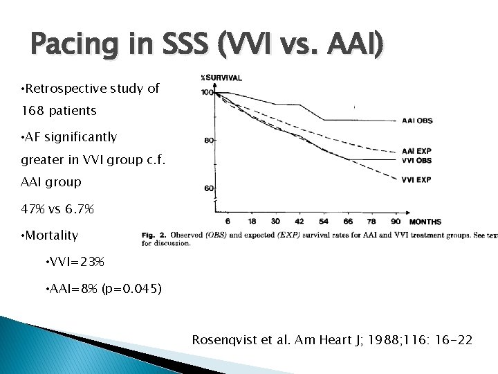 Pacing in SSS (VVI vs. AAI) • Retrospective study of 168 patients • AF