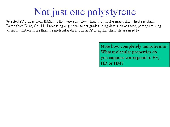 Not just one polystyrene Selected PS grades from BASF. VEF=very easy flow; HM=high molar