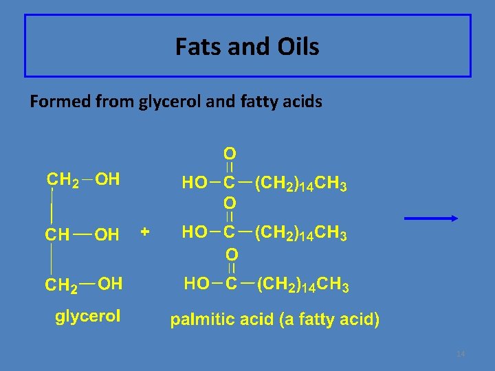Fats and Oils Formed from glycerol and fatty acids 14 