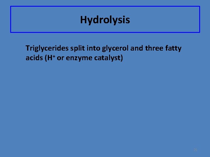 Hydrolysis Triglycerides split into glycerol and three fatty acids (H+ or enzyme catalyst) 21