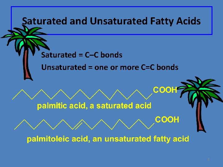 Saturated and Unsaturated Fatty Acids Saturated = C–C bonds Unsaturated = one or more