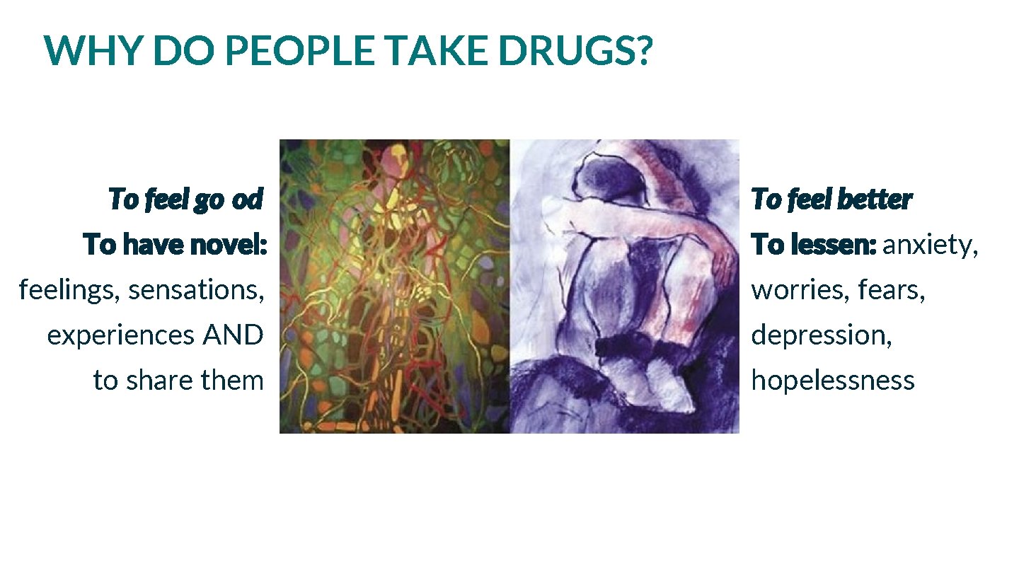 WHY DO PEOPLE TAKE DRUGS? To feel go od To have novel: feelings, sensations,