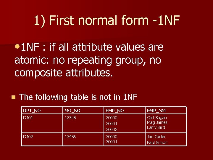 1) First normal form -1 NF • 1 NF : if all attribute values