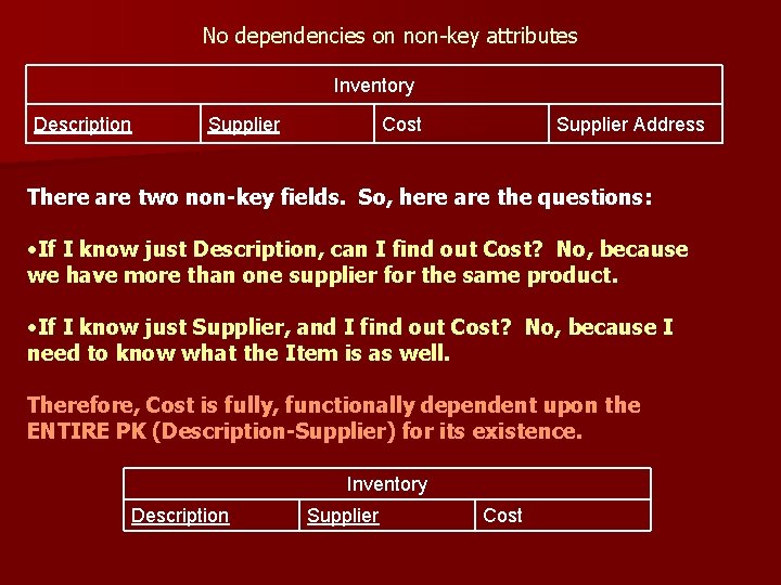 No dependencies on non-key attributes Inventory Description Supplier Cost Supplier Address There are two
