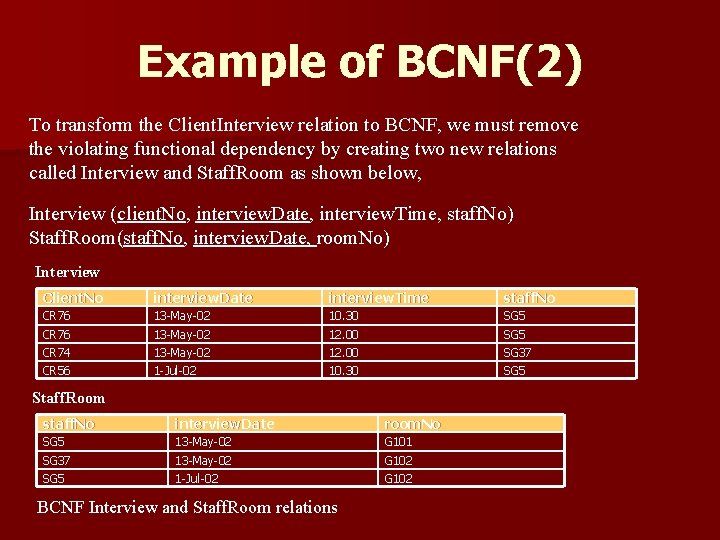 Example of BCNF(2) To transform the Client. Interview relation to BCNF, we must remove