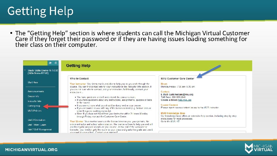 Getting Help • The “Getting Help” section is where students can call the Michigan