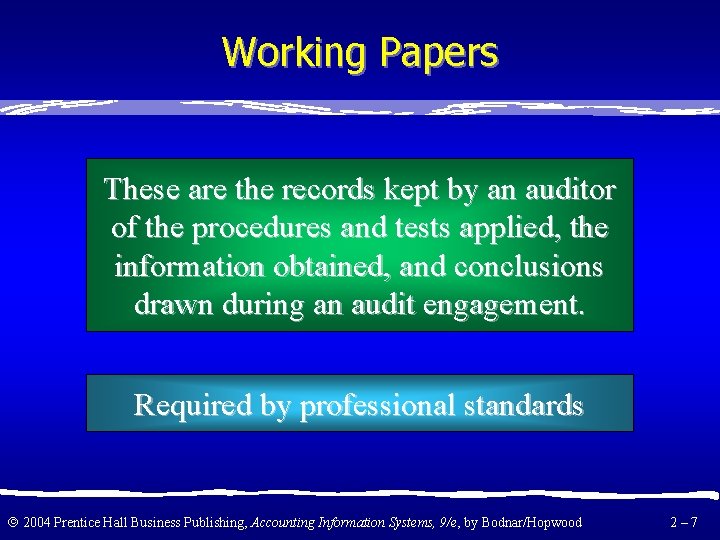 Working Papers These are the records kept by an auditor of the procedures and