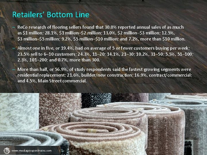Retailers’ Bottom Line – Re. Co research of flooring sellers found that 30. 0%