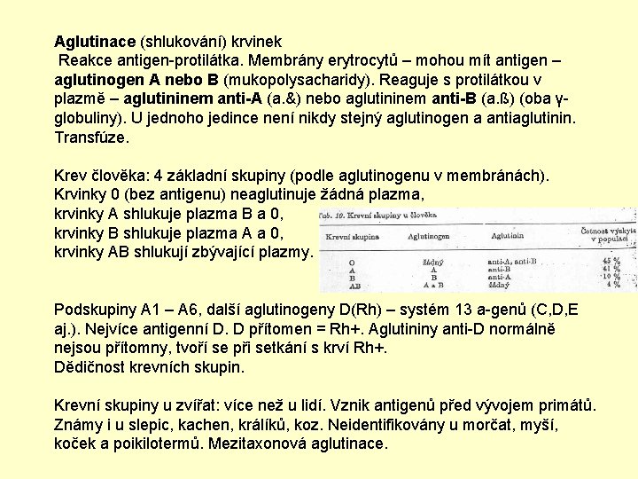 Aglutinace (shlukování) krvinek Reakce antigen-protilátka. Membrány erytrocytů – mohou mít antigen – aglutinogen A