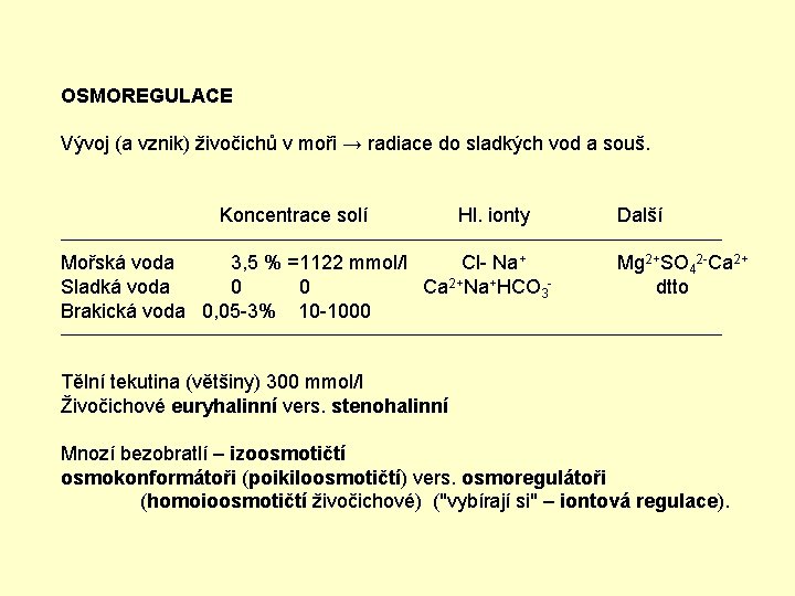 OSMOREGULACE Vývoj (a vznik) živočichů v moři → radiace do sladkých vod a souš.