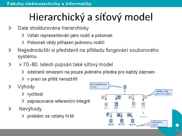 Hierarchický a síťový model Data strukturována hierarchicky Vztah reprezentován jako rodič a potomek Potomek