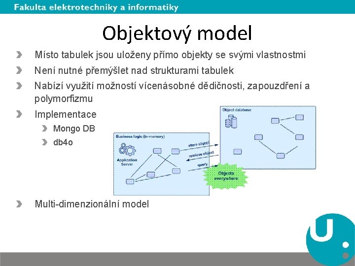 Objektový model Místo tabulek jsou uloženy přímo objekty se svými vlastnostmi Není nutné přemýšlet