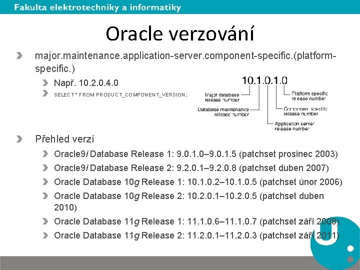 Oracle verzování major. maintenance. application-server. component-specific. (platformspecific. ) Např. 10. 2. 0. 4. 0