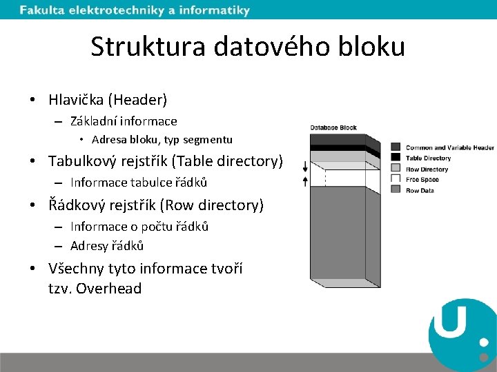 Struktura datového bloku • Hlavička (Header) – Základní informace • Adresa bloku, typ segmentu