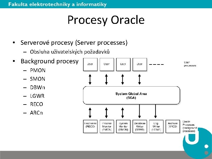 Procesy Oracle • Serverové procesy (Server processes) – Obsluha uživatelských požadavků • Background procesy