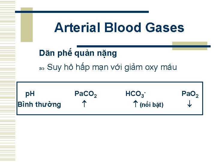 Arterial Blood Gases Dãn phế quản nặng Suy hô hấp mạn với giảm oxy