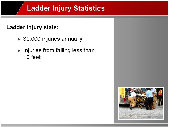Ladder Injury Statistics Ladder injury stats: ► 30, 000 injuries annually ► Injuries from