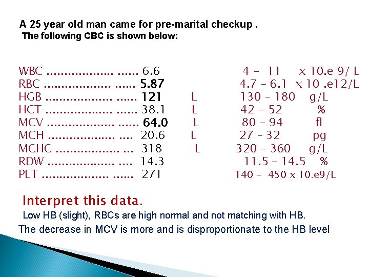 A 25 year old man came for pre-marital checkup. The following CBC is shown