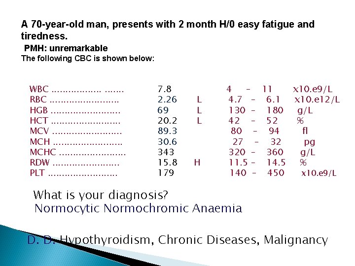 A 70 -year-old man, presents with 2 month H/0 easy fatigue and tiredness. PMH: