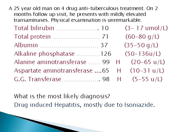 A 25 year old man on 4 drug anti-tuberculous treatment. On 2 months follow