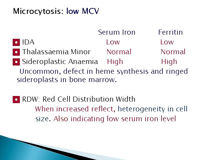 Microcytosis: low MCV Serum Iron Ferritin ◘ IDA Low ◘ Thalassaemia Minor Normal ◘