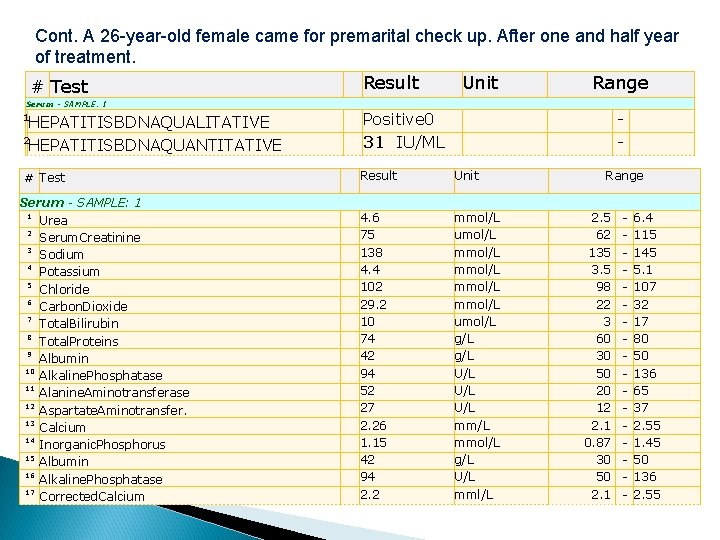 Cont. A 26 -year-old female came for premarital check up. After one and half