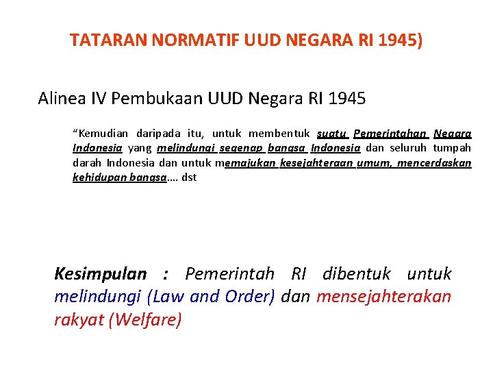 TATARAN NORMATIF UUD NEGARA RI 1945) Alinea IV Pembukaan UUD Negara RI 1945 “Kemudian