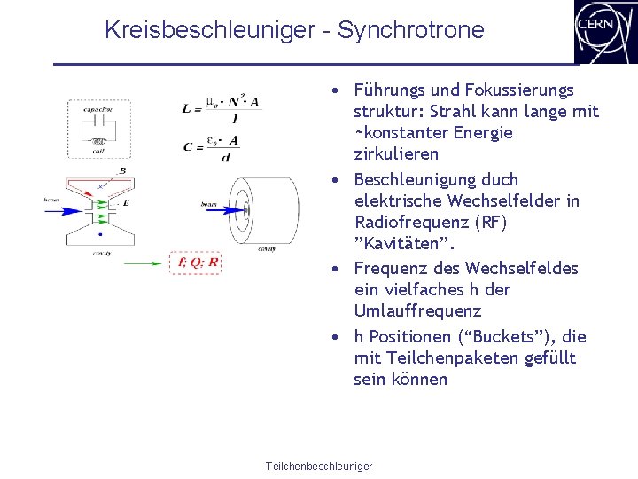 Kreisbeschleuniger - Synchrotrone • Führungs und Fokussierungs struktur: Strahl kann lange mit ~konstanter Energie