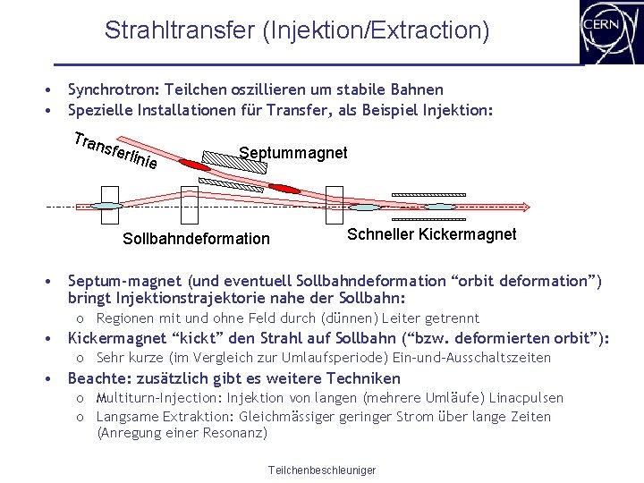 Strahltransfer (Injektion/Extraction) • Synchrotron: Teilchen oszillieren um stabile Bahnen • Spezielle Installationen für Transfer,