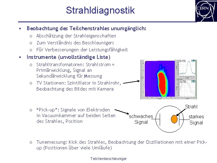 Strahldiagnostik • Beobachtung des Teilchenstrahles unumgänglich: o Abschätzung der Strahleigenschaften o Zum Verständnis des