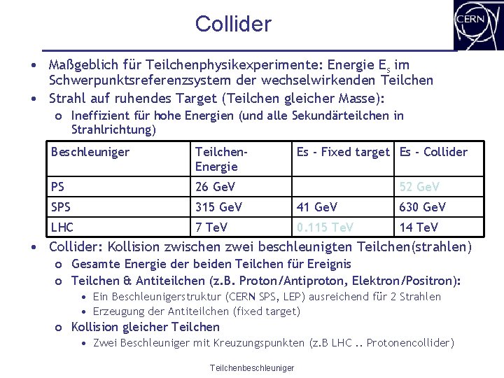 Collider • Maßgeblich für Teilchenphysikexperimente: Energie Es im Schwerpunktsreferenzsystem der wechselwirkenden Teilchen • Strahl