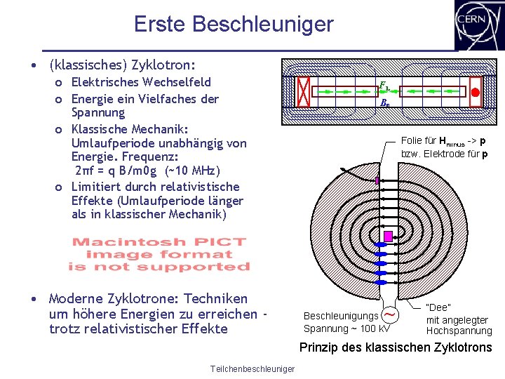 Erste Beschleuniger • (klassisches) Zyklotron: o Elektrisches Wechselfeld o Energie ein Vielfaches der Spannung