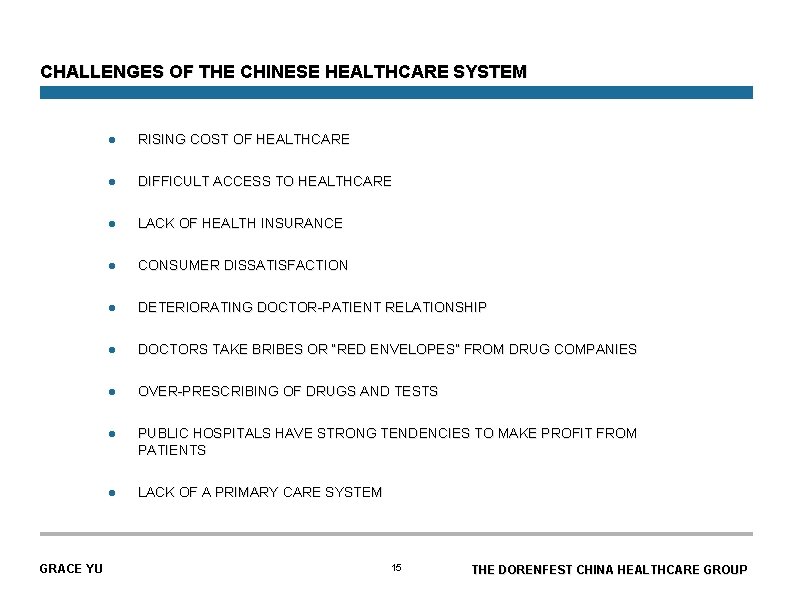 CHALLENGES OF THE CHINESE HEALTHCARE SYSTEM GRACE YU l RISING COST OF HEALTHCARE l