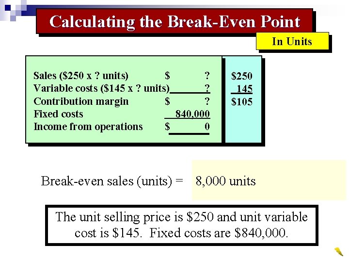 Calculating the Break-Even Point In Units Sales ($250 x ? units) $ ? Variable