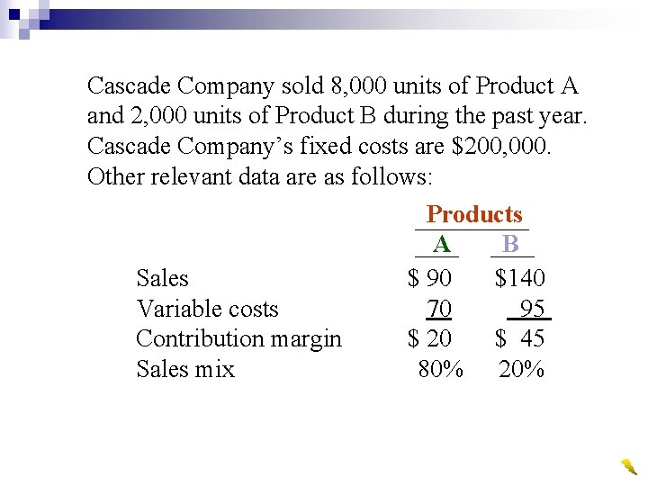 Cascade Company sold 8, 000 units of Product A and 2, 000 units of