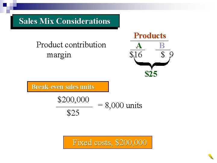 Sales Mix Considerations Product contribution margin Products A B $16 $ 9 $25 Break-even