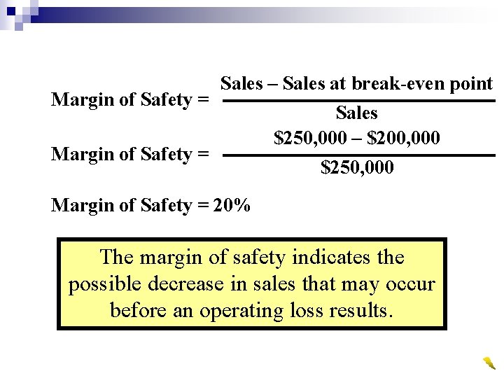 Margin of Safety = Sales – Sales at break-even point Margin of Safety =