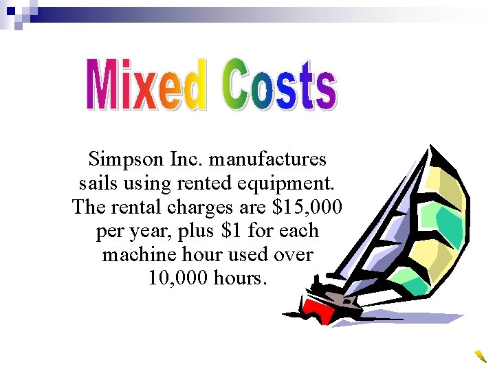 Simpson Inc. manufactures sails using rented equipment. The rental charges are $15, 000 per