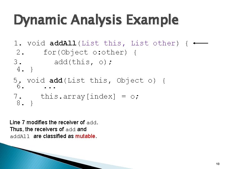 Dynamic Analysis Example 1. void add. All(List this, List other) { 2. for(Object o: