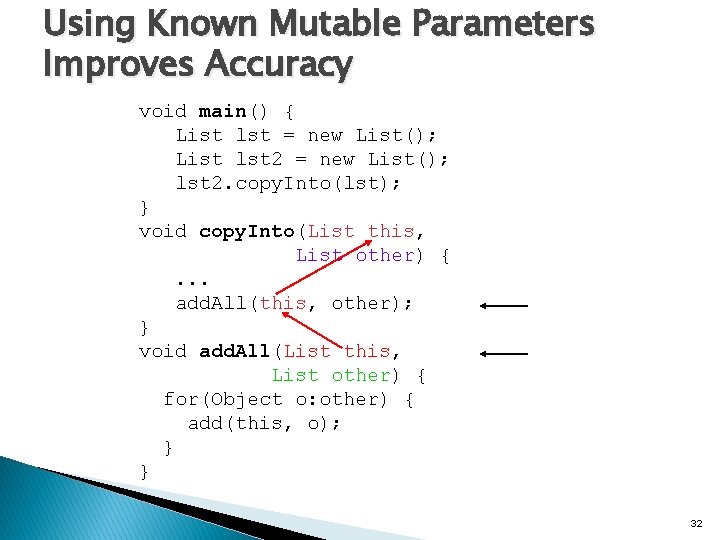 Using Known Mutable Parameters Improves Accuracy void main() { List lst = new List();