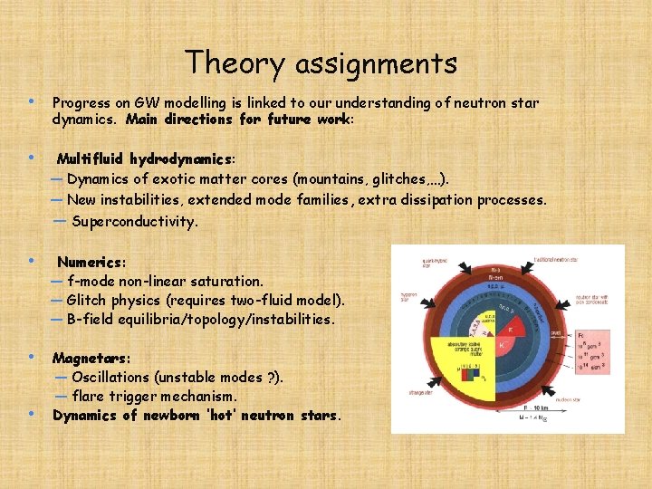 Theory assignments • Progress on GW modelling is linked to our understanding of neutron