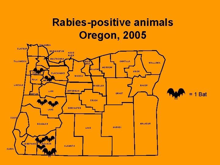 Rabies-positive animals Oregon, 2005 COLUMBIA CLATSOP WASHINGTON HOOD RIVER MULTNOMAH TILLAMOOK UMATILLA SHERMAN GILLIAM