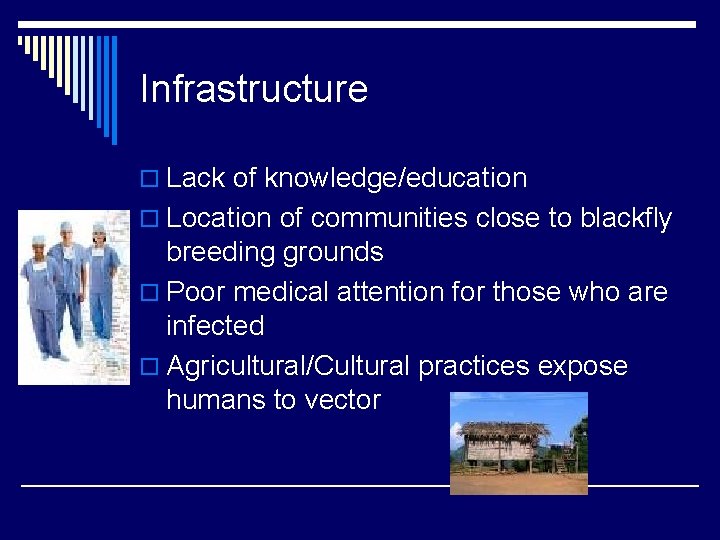 Infrastructure o Lack of knowledge/education o Location of communities close to blackfly breeding grounds